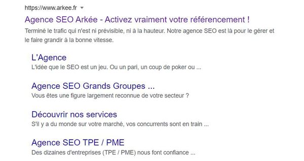 Liens de sites - Screenshot des sitelinks du site Arkée